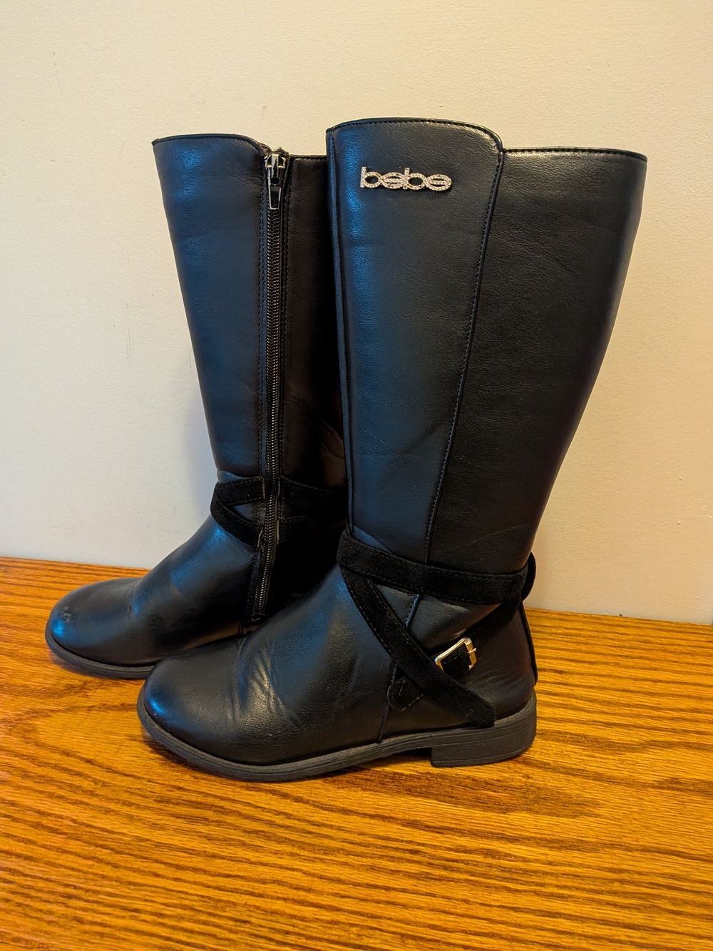 bebe Black Mid-Calf Riding Boots with Strap Detail